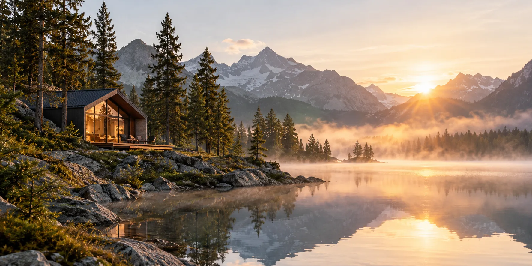 Illustrative image of a cabin by an alpine lake at sunrise